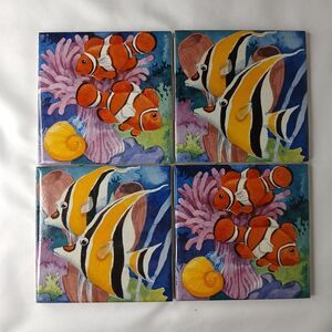 Tropical Fish Ceramic Art Tile Coasters Set Of 4 Hand Painted  Nautical Decor